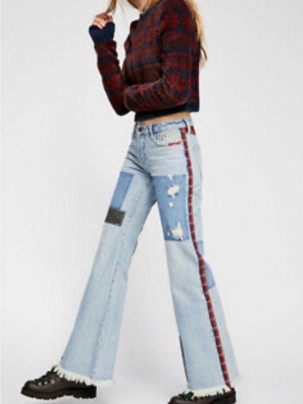 Free People Size 27 Mixed Plaid Patch Slim Flare Wide Jeans Raw Hem
